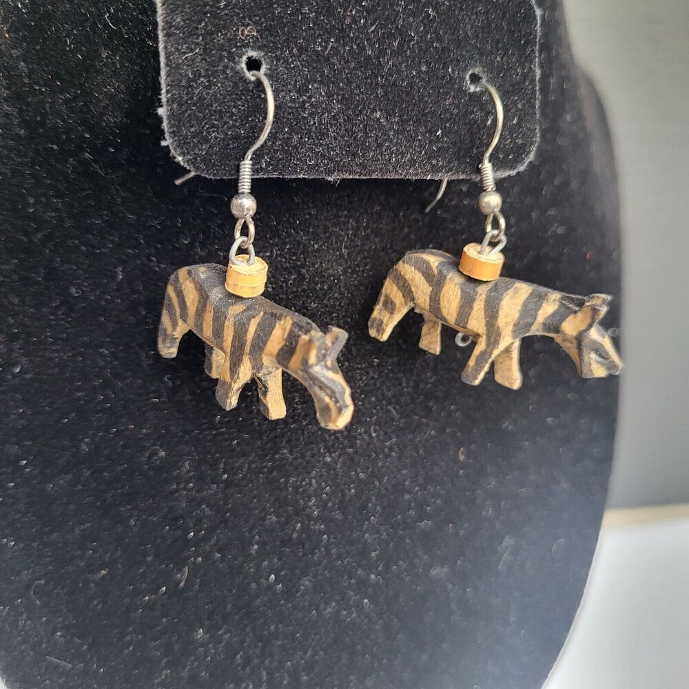 Hand Carved Wooden Kenyan Zebra Earrings 1.75"
